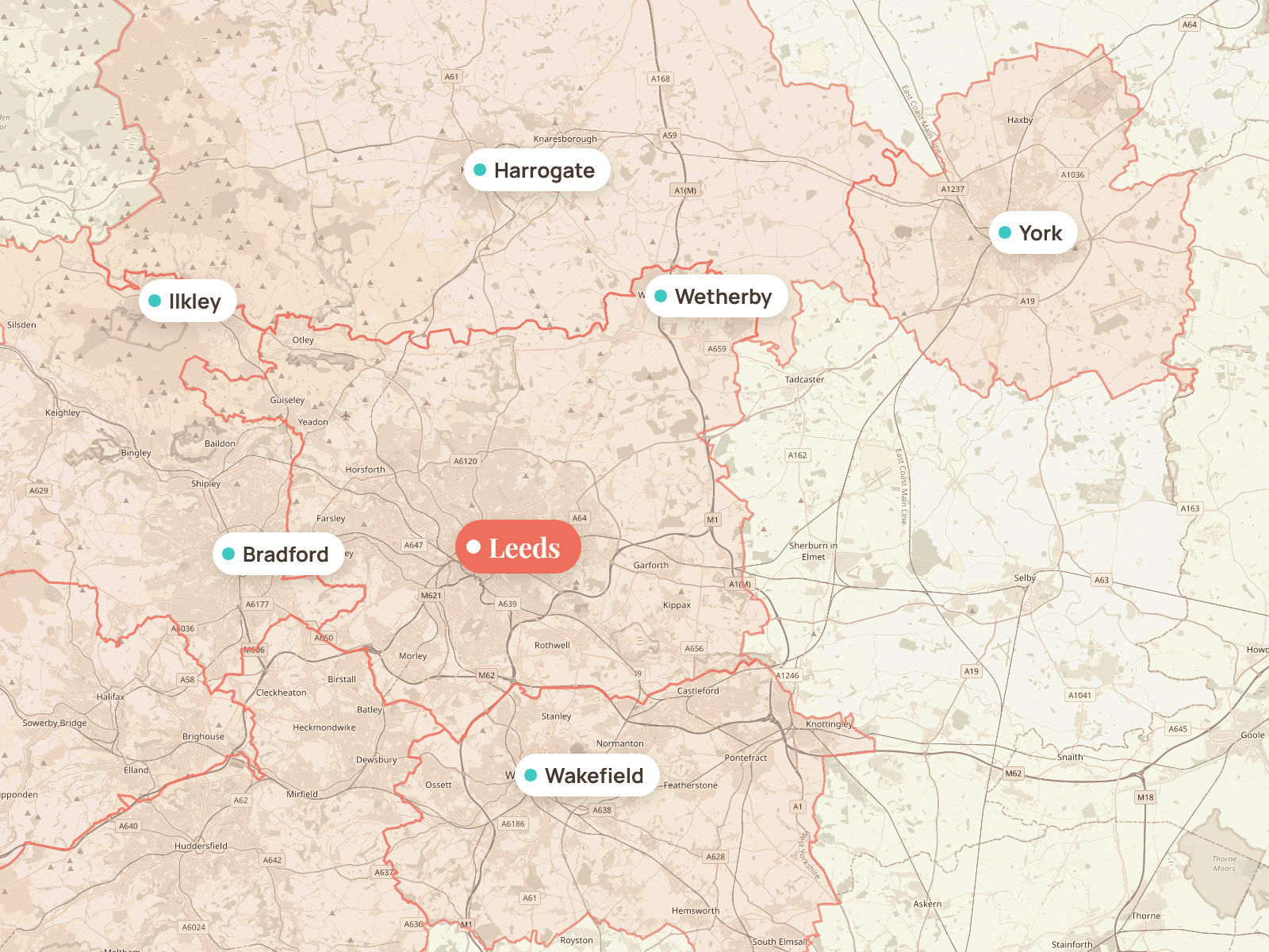 Map of the areas I cover: Leeds and West Yorkshire, plus Harrogate, Wetherby, Ilkley and York