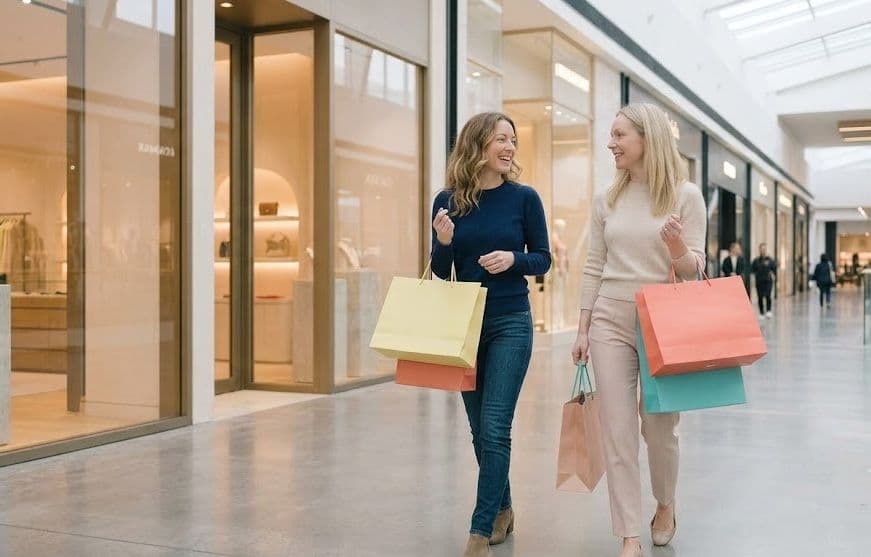Two women walking through a shopping centre carrying colourful shopping bags