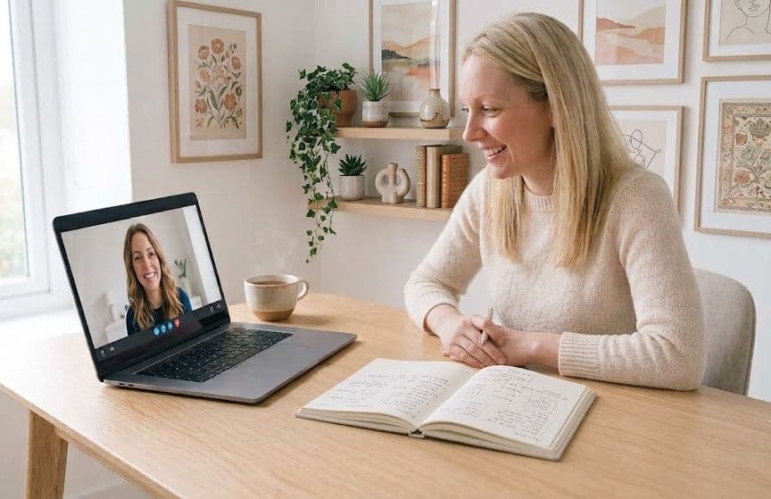 Stylist smiling at a client on a laptop video call during an online styling session