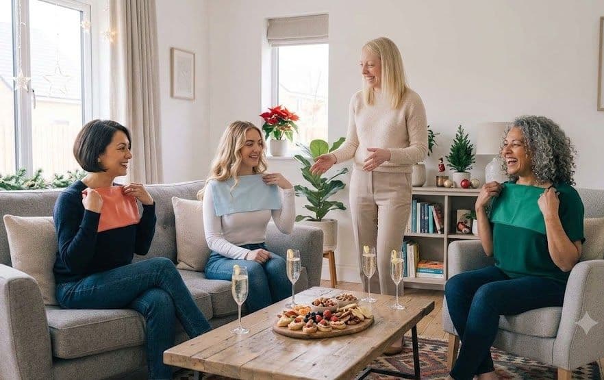 Group of women on sofas with prosecco trying colour drapes at a colour party