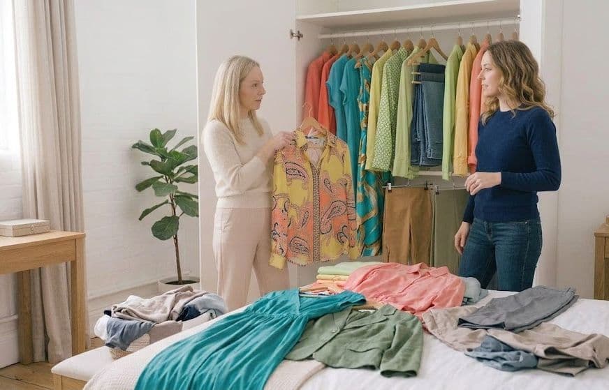 Stylist and client sorting clothes from a wardrobe into piles on the bed during a wardrobe edit