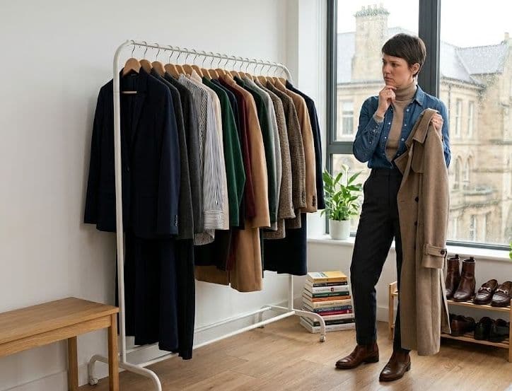 Woman holding a camel coat beside a rail of dark coats and jackets
