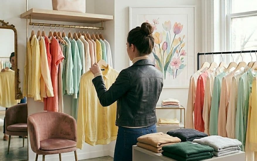 Woman browsing a rail of pastel shirts in a bright boutique