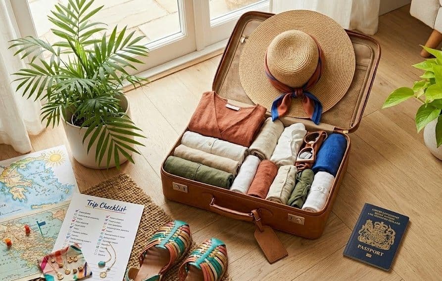 Open suitcase packed with rolled clothes, a sun hat, sandals, a passport and a trip checklist