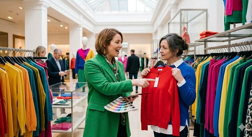 Stylist with a colour fan holding a red top up to a client in a department store