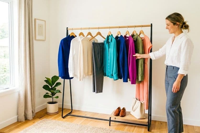 Woman arranging a rail of workwear and casual pieces in a bright room