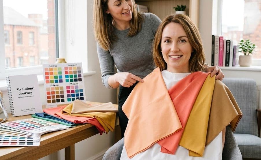 Stylist draping peach and coral fabrics on a client during a seasonal colour analysis