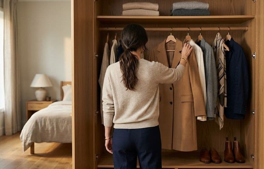 Woman choosing a camel coat from a wooden wardrobe of classic pieces