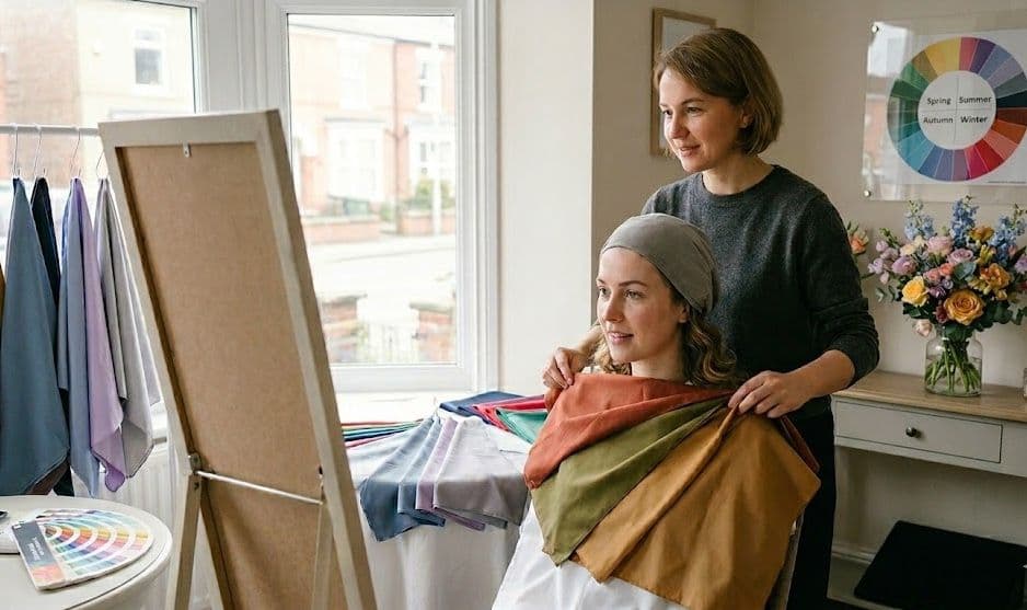 Stylist draping autumn-toned fabrics over a client during a colour analysis session