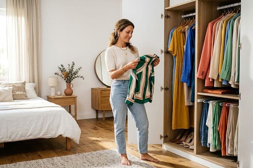 Woman holding up a striped top in front of an open wardrobe of colourful clothes