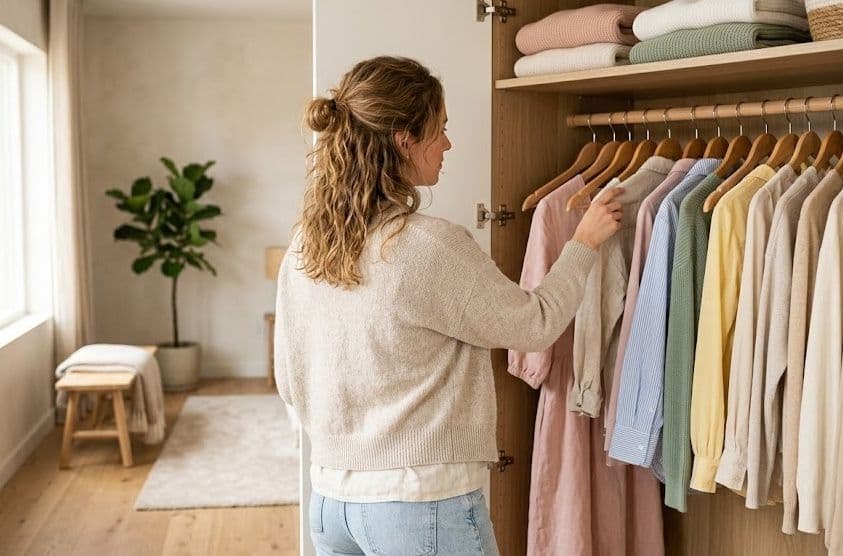 Woman looking through a wardrobe of pastel knitwear and shirts